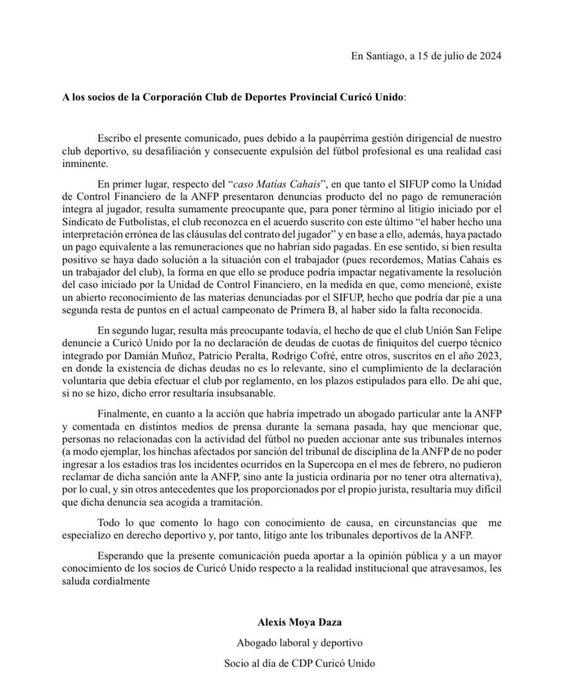 Abogado y socio de Curicó Unido indicó que es casi inminente la desafiliación del club del fútbol profesional 2 Comunicado Curico Unido