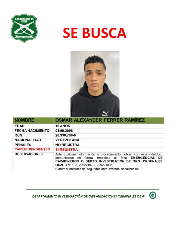 Carabineros busca a sicario liberado por error judicial tras crimen del “Rey de Meiggs” 2 ficha encargo os9 nacional osmar ferrer ramirez page 0001 593x768 1